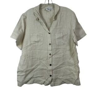 Hot Cotton by Marc Ware Womens Large Linen Button Down Shirt Beige Short Sleeve